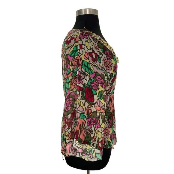 Tom K Nguyen L Multi-Color Floral Silk Top Sheer Sequin Y2K VTG Boho Art To Wear - Picture 11 of 13